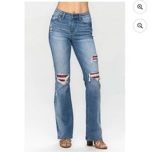 Judy Blue 5/27 Mid Rise Blue Plaid Patch Bootcut Flare Casual Distressed Jeans